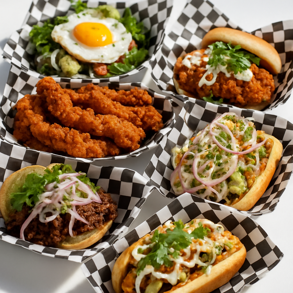 Golden Tiger – A spread featuring crispy chicken sandwiches, loaded fries, and smash burgers. This vibrant scene captures the indulgent, Asian‑fusion comfort the truck is known for.