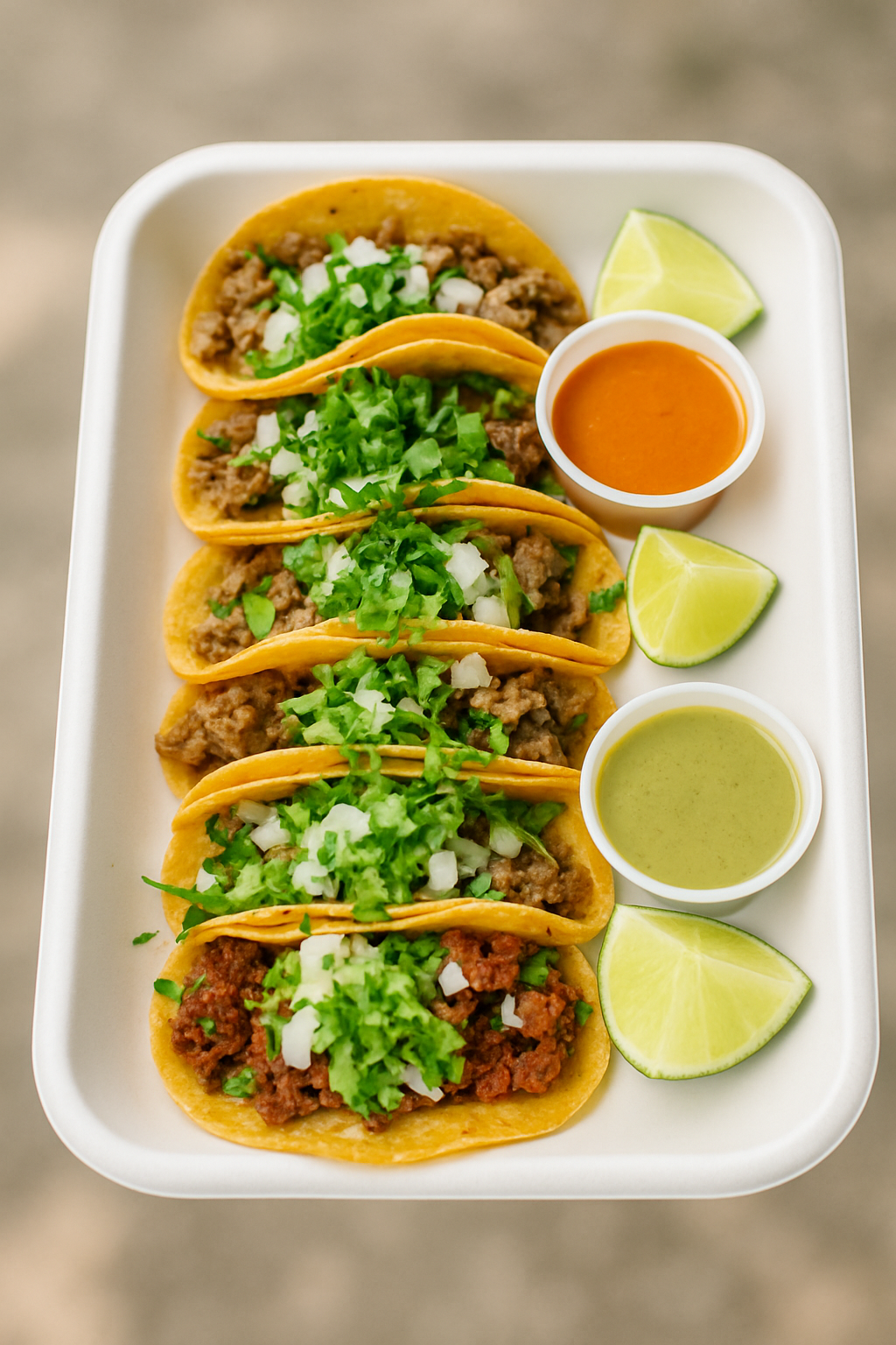 Cuantos Tacos – A colorful lineup of Mexico City–style street tacos, sprinkled with cilantro and served with lime and salsa on the side—simple, fresh, and wildly craveable.